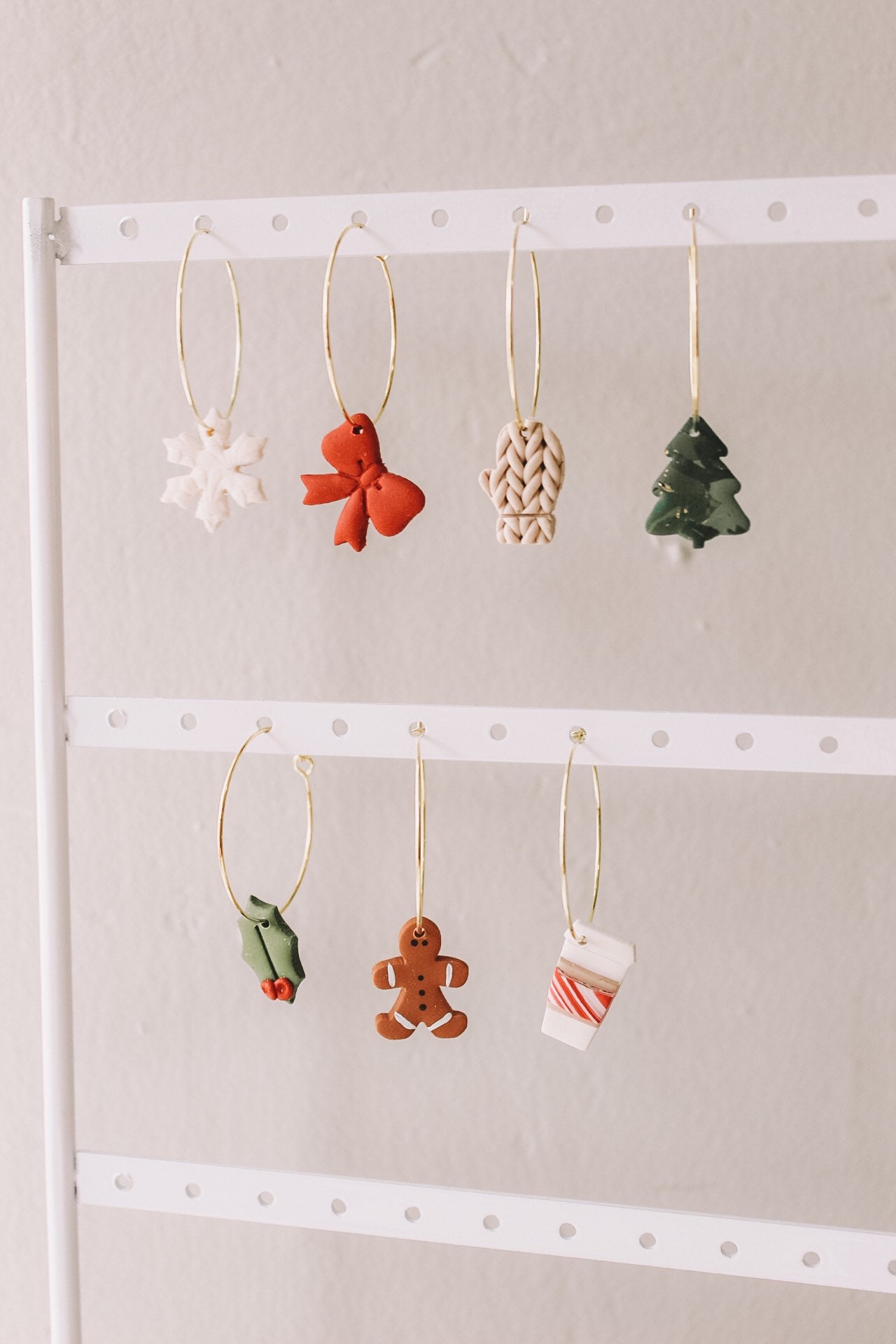 Holiday Hoops | snowflake gingerbread man mocha coffee peppermint red bow Christmas tree gold leaf knit mitten holly Christmas earrings