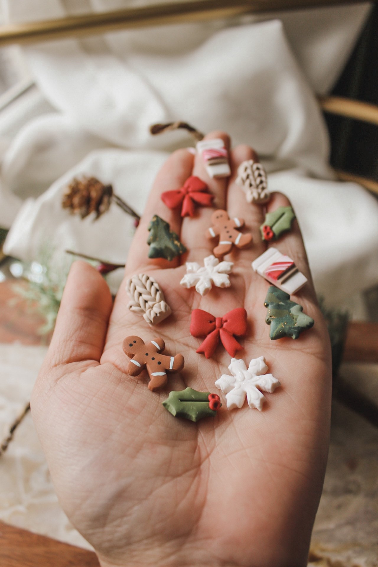 Holiday Studs | snowflake mocha latte coffee cup tree gingerbread man candy cane knit mitten holly leaf Bow polymer clay Christmas earrings