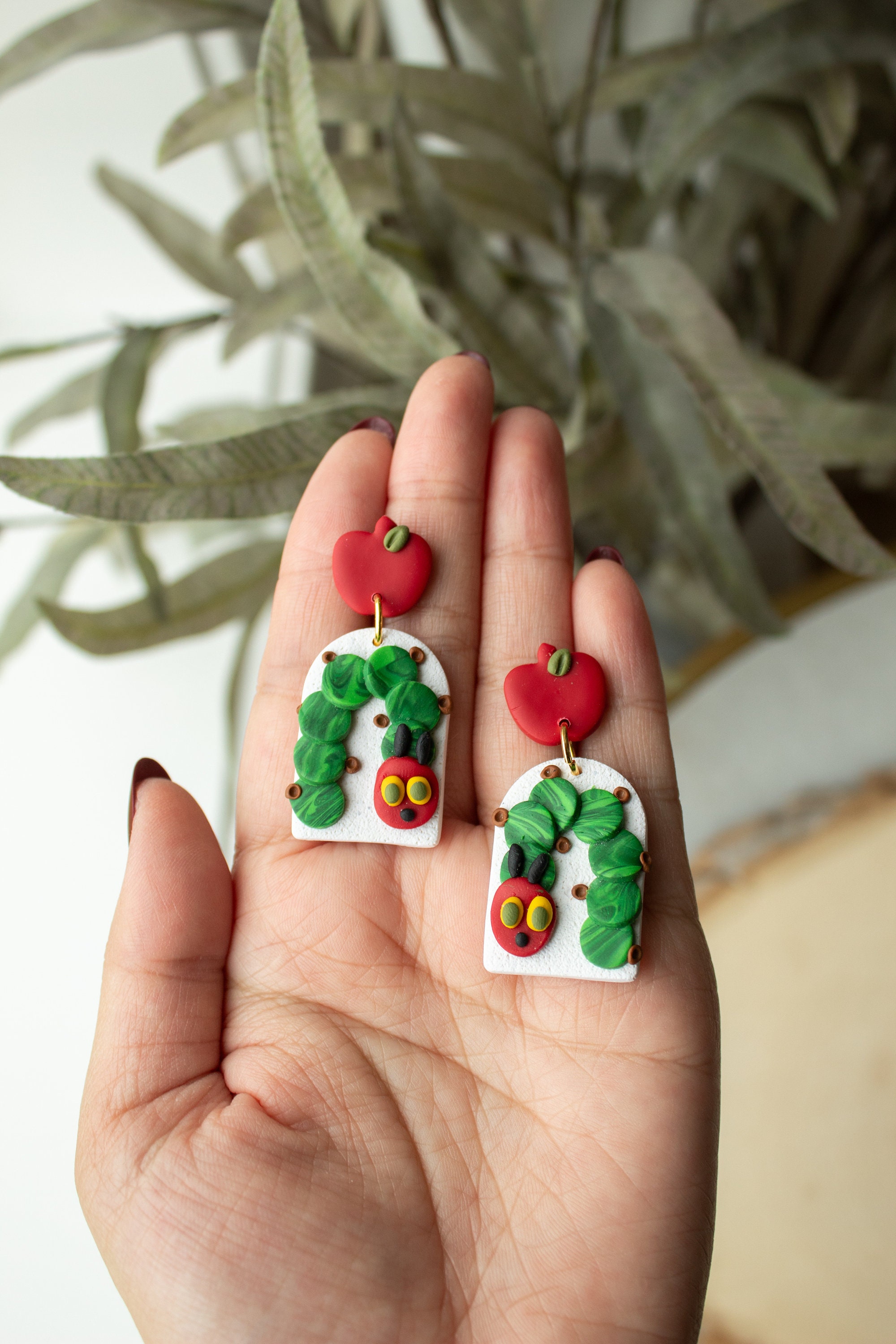 Very Hungry Caterpillar | teacher polymer clay dangle earrings, back to school earrings, caterpillar earrings, children’s book earrings
