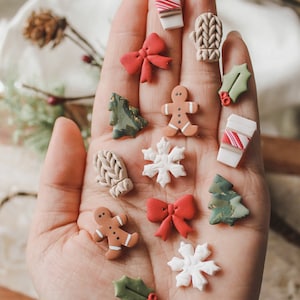 Holiday Studs | snowflake mocha latte coffee cup tree gingerbread man candy cane knit mitten holly leaf Bow polymer clay Christmas earrings