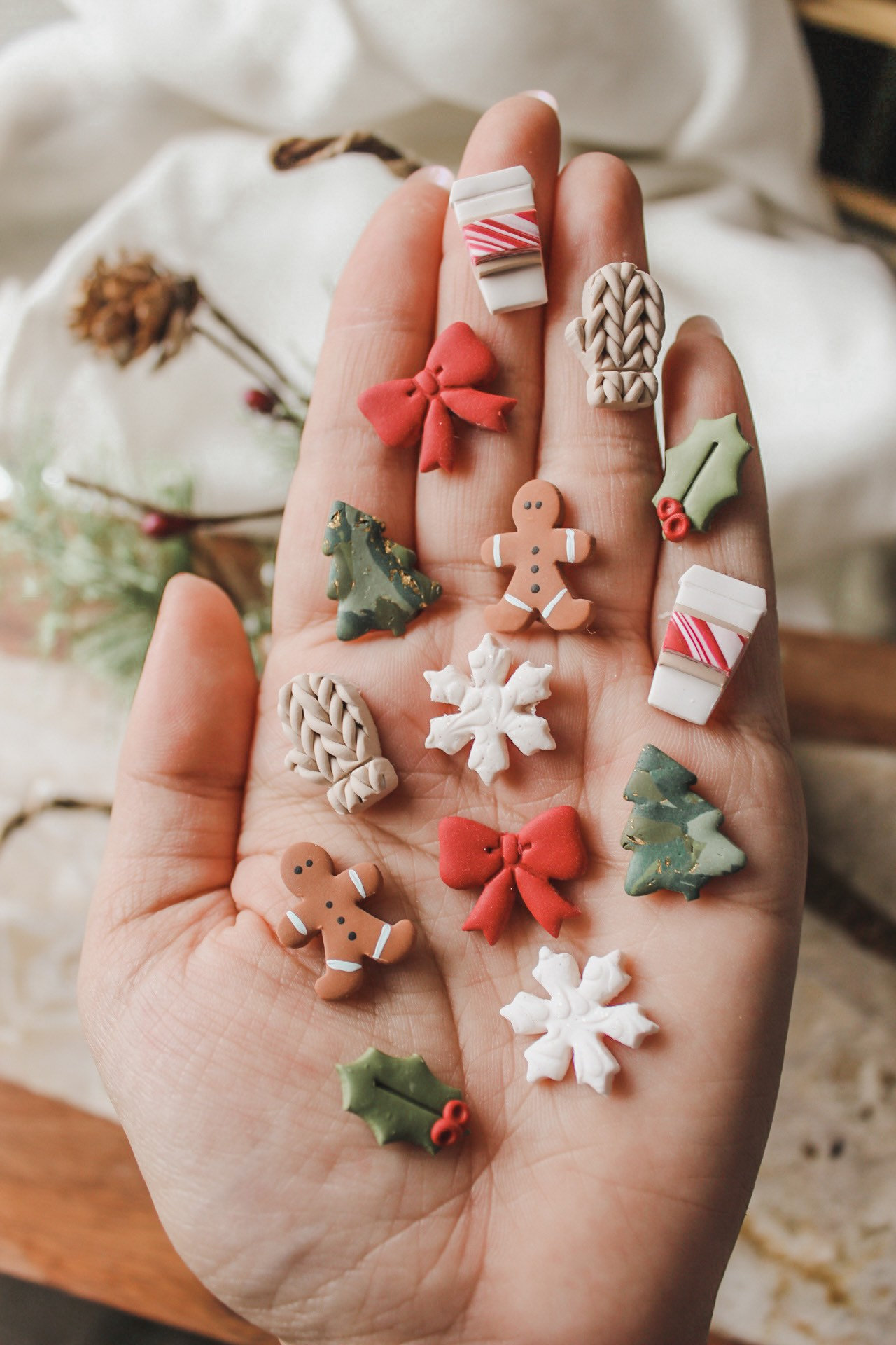 Holiday Studs | snowflake mocha latte coffee cup tree gingerbread man candy cane knit mitten holly leaf Bow polymer clay Christmas earrings