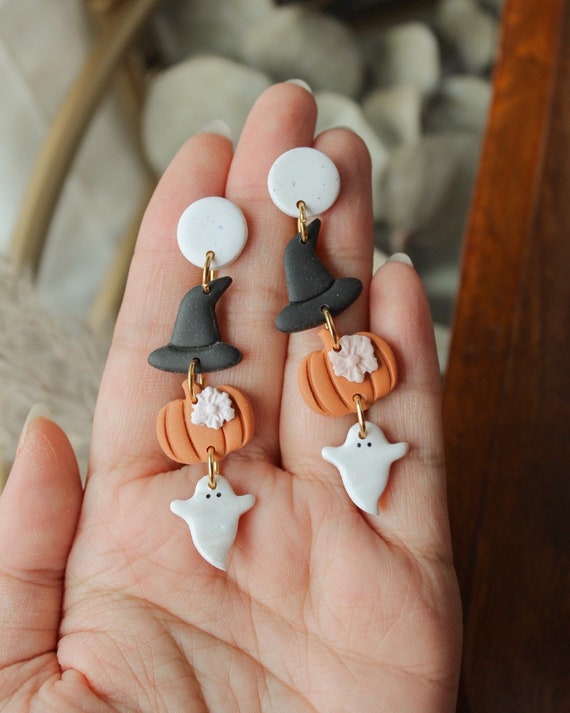 Fall Favorite Dangles Polymer Clay Witch Hat Pumpkin Ghost Earrings  Statement Earrings Orange White Black Shimmer Autumn Halloween -  Hong  Kong