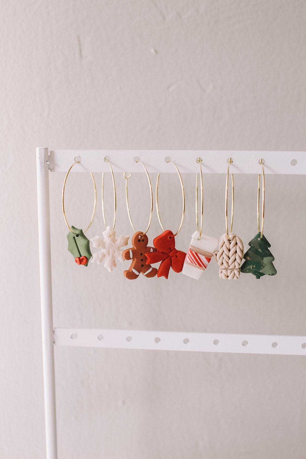 Holiday Hoops | snowflake gingerbread man mocha coffee peppermint red bow Christmas tree gold leaf knit mitten holly Christmas earrings