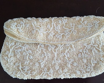 Purse  Evening Clutch  White Beads Foldover