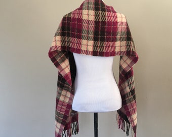 Scarf 12 x 68 Inches Better Than Cashmere Pink Brown Plaid  Fringed Vintage