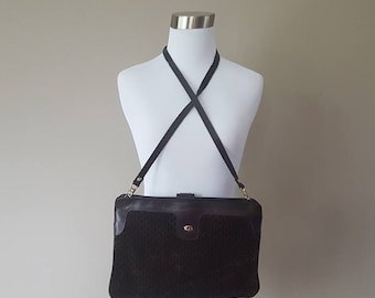 Portemonnee clutch schoudertas leer donkerbruin suède gemaakt in Italië vintage