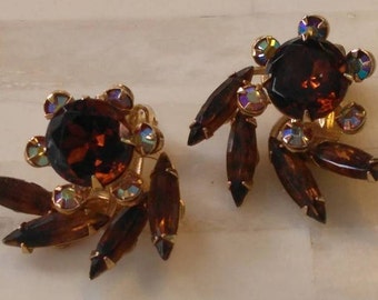 Beaujewels Earrings Red Amber Vintage Aurora Borealis Rhinestone Clips