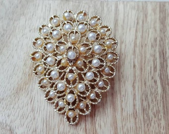 Pin Brooch Peacock Fan Pearls Gold Filled