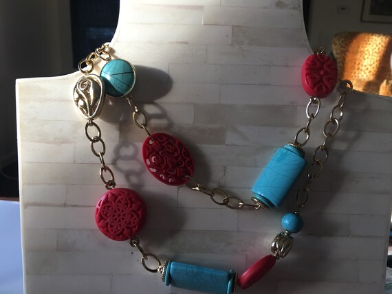 Necklace Blue and Orange Red Beads Gold Tone Chai… - image 5