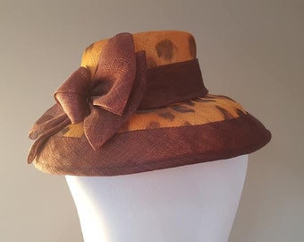 Sinamay Hat Leopard Spots Beige and Purple Wide Brim Bow Vintage Millinery Accessories