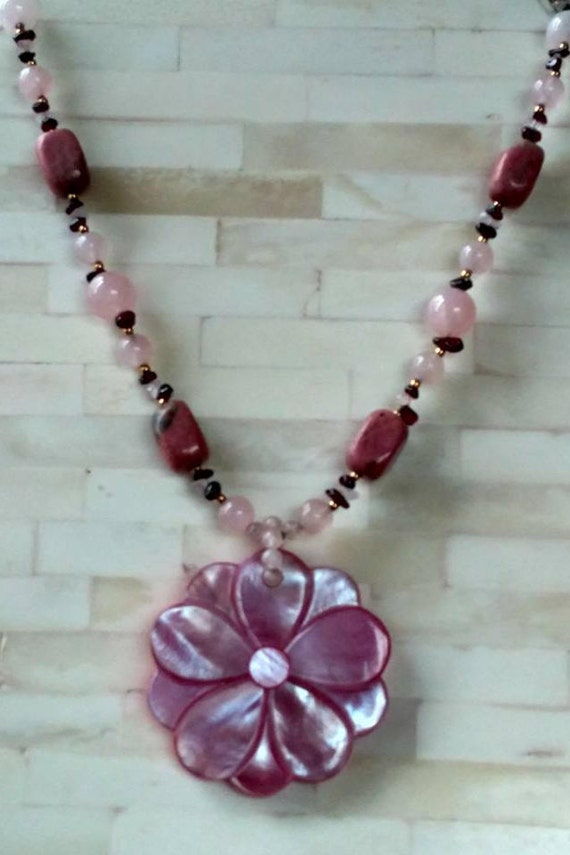 Necklace Stones and Beads and Carved Flower Penda… - image 1