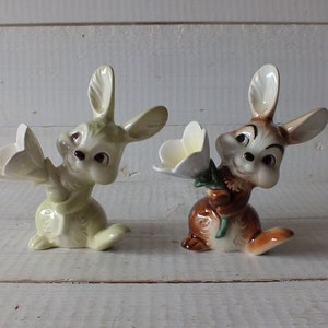 Two Rabbits With Flowers - Vintage Goebel Porcelain Pair Figures Goebel West Germany - Goebel Figurines Bunny With Flower - 1960s