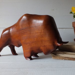 Large Teak Bison Sculpture -  Carving Teak Buffalo Figure - Hand Carved Wood Bison Figure - Massive Wooden Sculpture - Vintage 1960s