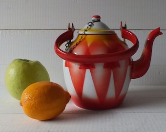 EMO Celje Enamel Tea Kettle - Enamel Teapot - Country Farmhouse Kitchen - Shabby Chic Decor - Mid Century Vintage 1960s
