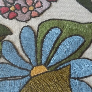 May include: Close-up of an embroidered blue flower with a yellow centre, surrounded by green leaves. The flower is stitched with a detailed, textured design.