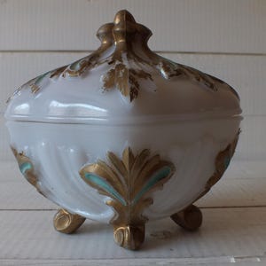 Antique Vallerysthal  PORTIEUX Opaline Pressed Glass Trinket Box -  French Milk Press Glass White Gold Bonbonniere - 1900s