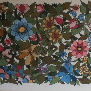 May include: A framed artwork featuring a colourful floral design with various flowers, leaves, and stems. The flowers are in shades of pink, red, blue, yellow, and brown. The background is a light cream colour.