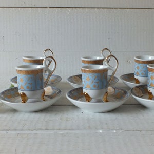 Vintage Small Porcelain Coffee Cups and Saucers - Italian Mini Coffee Set - 6 Espresso Cups Fine Porcelain Linea In Italy
