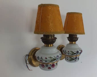 Porcelaine de Paris France Two Wall Lamps - French Porcelain Wall Lamps Metal Holder Light Electric - Mid-century - Vintage 1960s