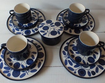 Vintage Melitta Stockholm - Four Breakfast Sets and Sugar Bowl - Stockholm by Melitta Blue White - Cup Saucer Plate Trio - Vintage 1970s