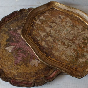Bandejas florentinas de madera - Bandejas italianas pintadas a mano - Bandejas florentinas de dos piezas - Bandeja de servicio Shabby Chic - Vintage 1960s