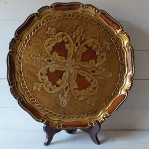 Bandeja de madera florentina - Bandeja italiana pintada a mano - Bandeja de servicio Shabby Chic - Vintage 1960s