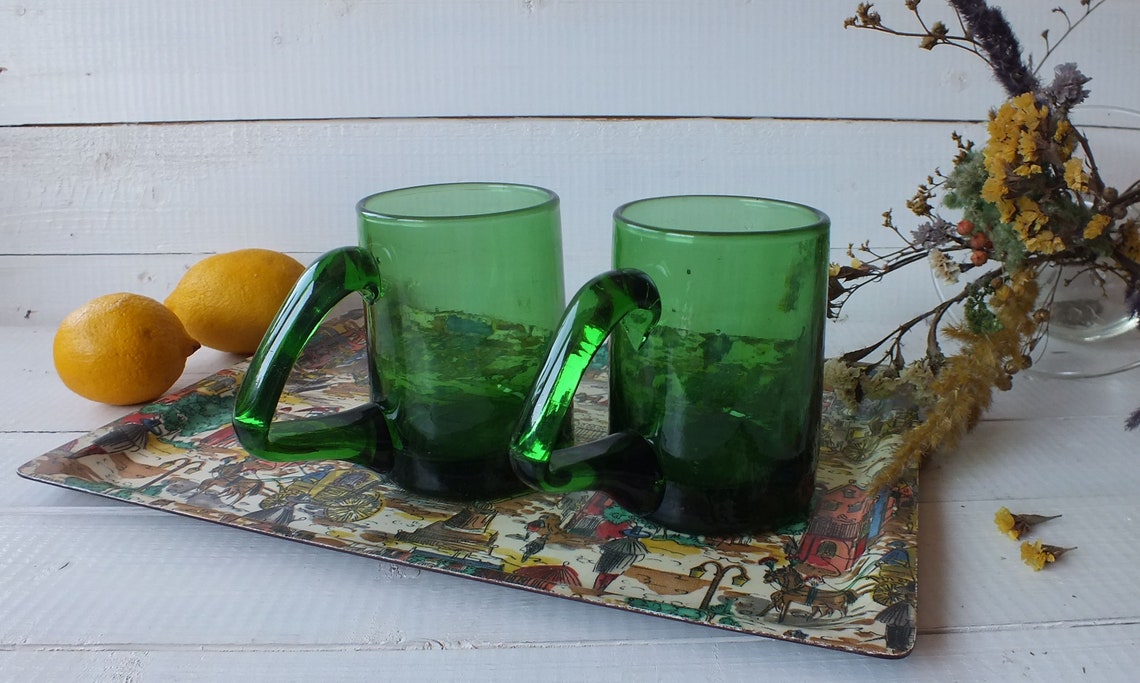 Vintage Art Glass Cup Wit Handle Handmade Green Two Cups Etsy UK