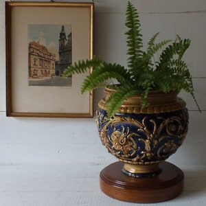 Antike Majolica Jardiniere - Majolica mit Holzsockel Jardiniere - Handbemalter Keramik Blumentopf - Garten Klee Dekor - Vintage 1930er Jahre