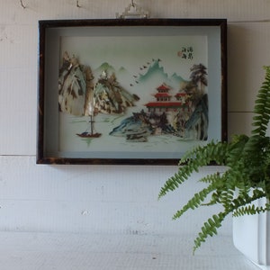 Chinese Shell Art Wall Decor - Chinese Wall Art - 3D Glass Shadow Box - Abalone Mother of Pearl - Signed Chinese 3D Art - Vintage 1960s