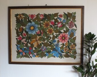 Antike gerahmte Vollhandstickerei - Nadelspitzenkunst - Handgemachtes gesticktes Bild im Holzrahmen - Großes Wanddekor - 1960er Jahre