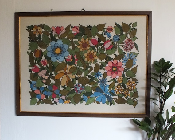 Antique Framed Full Hand Embroidery - Needlepoint Art - Hand Made Embroidered Picture in  Wooden Frame - Large Boho Style Wall Decor - 1960s