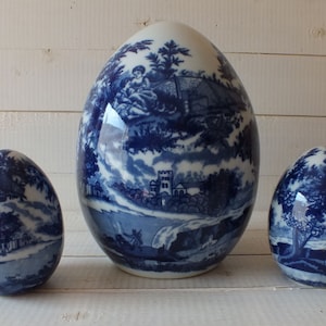 Vintage Porcelain Large Eggs T Kopenaghen - Hand Painted  - Three Danish Style - Porcelain Blue White Eggs - Scandinavian Decor Style