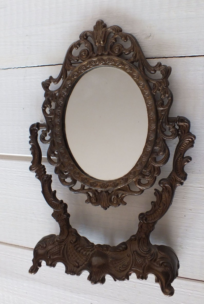 Small Oval Mirror Brass Frame Vintage Ornate Little Image 0