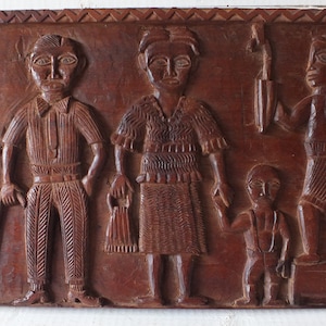 Vintage Wooden Relief Wall Picture - Old Wood Carving Wall Decor - Hand Carved Wooden Wall Plate - Folks Art -  Wood 3D Hand Carved - 1930s