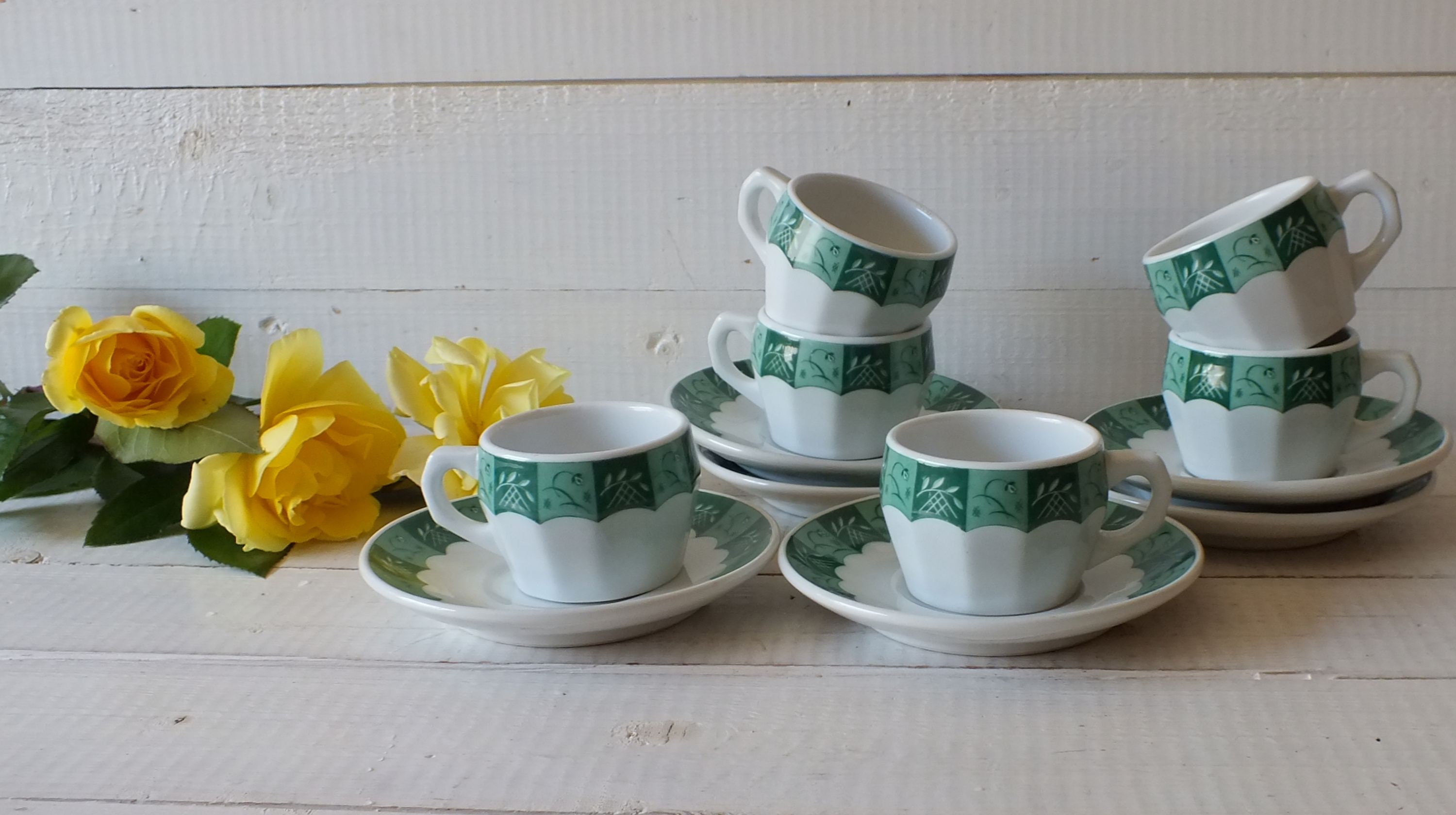 Porcelain Coffee Cup Set - Bauscher Weiden Germany - for Rasper & Sohne - Green dream - Porcelain Espresso Cups - 1930s
