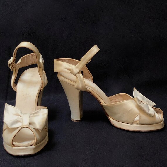 1940s White Satin Bow Platforms