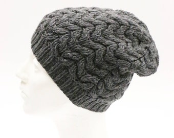 Women's knitted 100% merino wool  blend beanie hat, Slouchy grey merino wool  beanie hat, Women knit wool hat ,Grey wool beanie hat