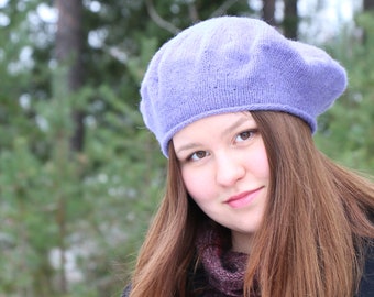 Women lilac purple knit beret French tam Lavender wool beige beret Scandinavian design Slouchy hat Wool warm Tam Lilac knitted beret