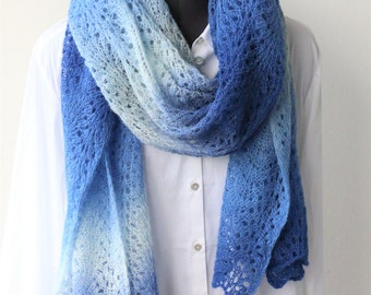 Pure wool winter scarf  Blue white wool knitted scarf, knitted wool scarf, Wool colorful knit scarf, Women's scarf, Wool scarf