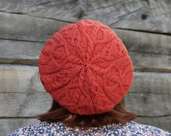 Women burnt orange wool beret Burnt orange slouchy beanie Terracotta knit  beret Cable knit wool beret Slouchy terracotta aran hat