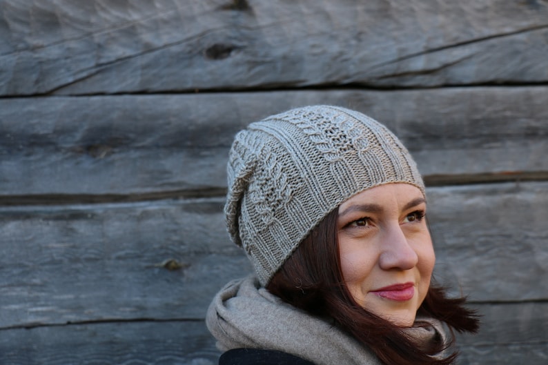 Womens knitted grey merino wool beanie hat Slouchy grey beanie hat Women cable knit hats Knitted winter hat Grey beanie hat
