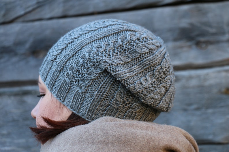 Womens knitted grey merino wool beanie hat Slouchy grey beanie hat Women cable knit hats Knitted winter hat Grey beanie hat