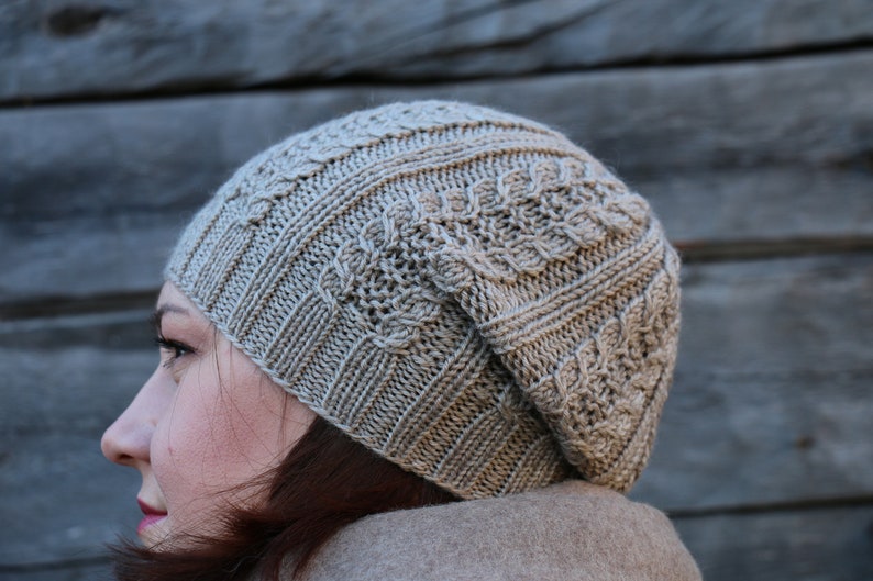 Womens knitted grey merino wool beanie hat Slouchy grey beanie hat Women cable knit hats Knitted winter hat Grey beanie hat