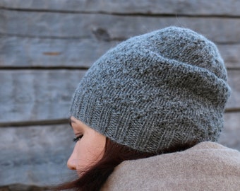 Women's knitted grey 100 % alpaca beanie hat, Slouchy grey pure alpaca  beanie hat, Women knit alpaca hats, Grey alpaca beanie hat,