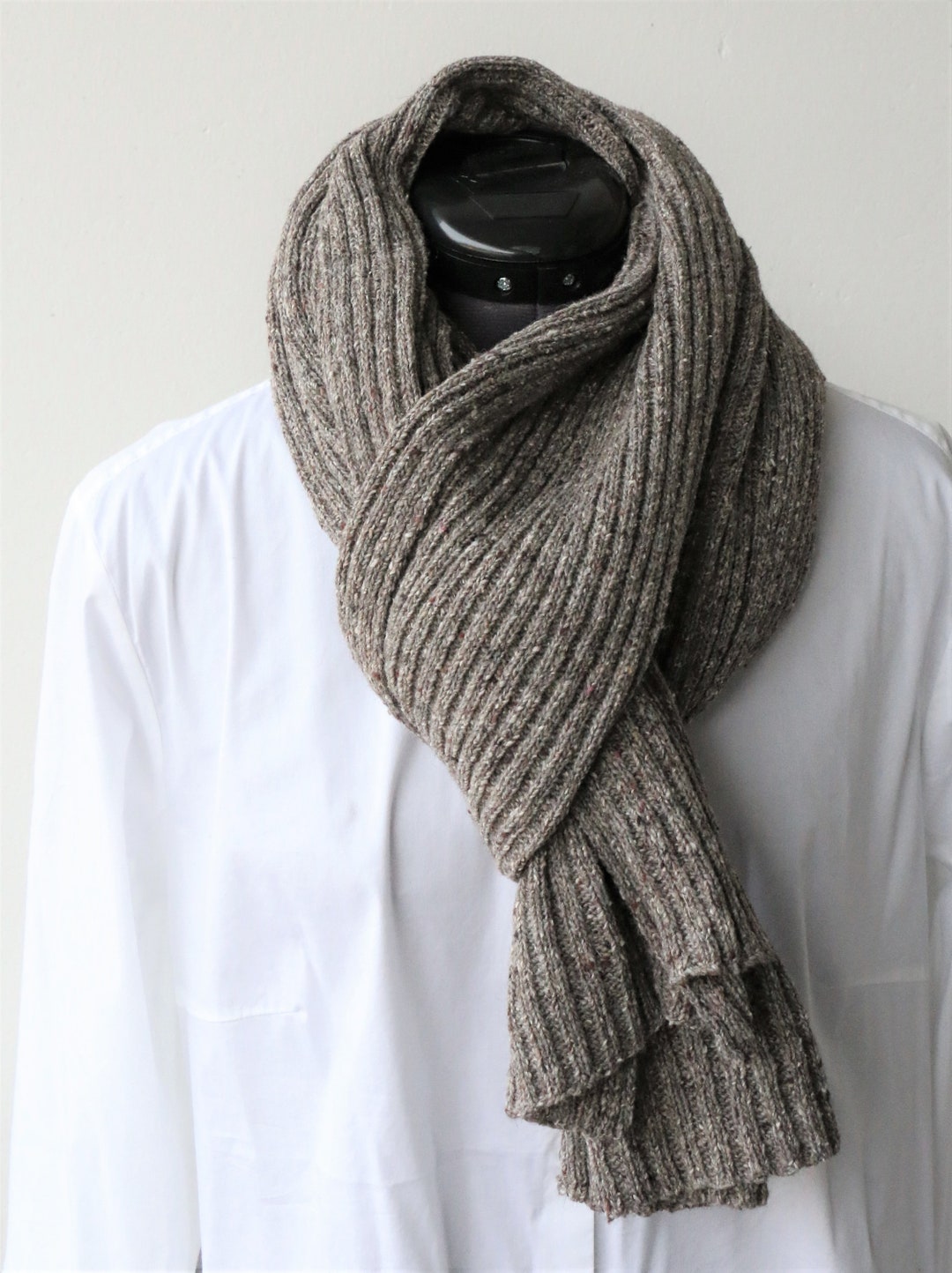 Grey Tweed Winter Scarf Grey Ribbed Knitted Tweed Scarf, Mens Knitted Ribbed Scarf, Wool Knit