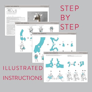 May include: Illustrated instructions for making a paper giraffe model. The instructions include diagrams showing how to fold and assemble the paper pieces. The title of the instructions is "Lizzie the Giraffe".
