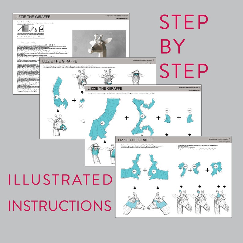 May include: Illustrated instructions for making a paper giraffe model. The instructions include diagrams showing how to fold and assemble the paper pieces. The title of the instructions is "Lizzie the Giraffe".