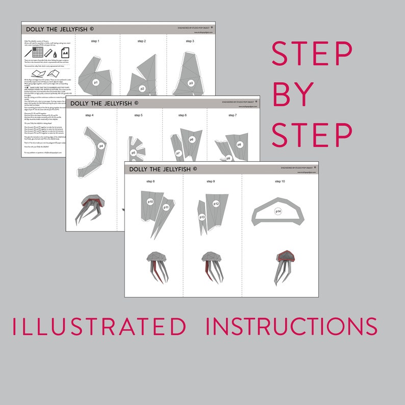 May include: A step-by-step illustrated guide for making a paper jellyfish. The instructions include diagrams and text for each step. The title of the guide is "DOLLY THE JELLYFISH".
