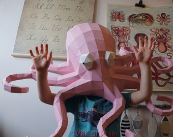 Oktopus Skulptur, Papercraft Tiere, Oktopus Wandkunst, Papierskulptur, Low Poly Skulptur, Papercraft pdf, Papercraft Trophäe, Papercraft