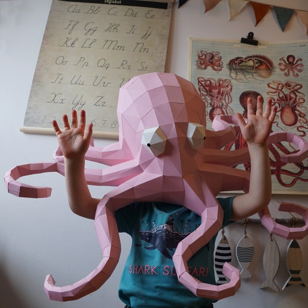 Octopus Sculpture - Unique Papercraft Wall Art, Low Poly Trophy, DIY PDF Template for Modern Home Decor